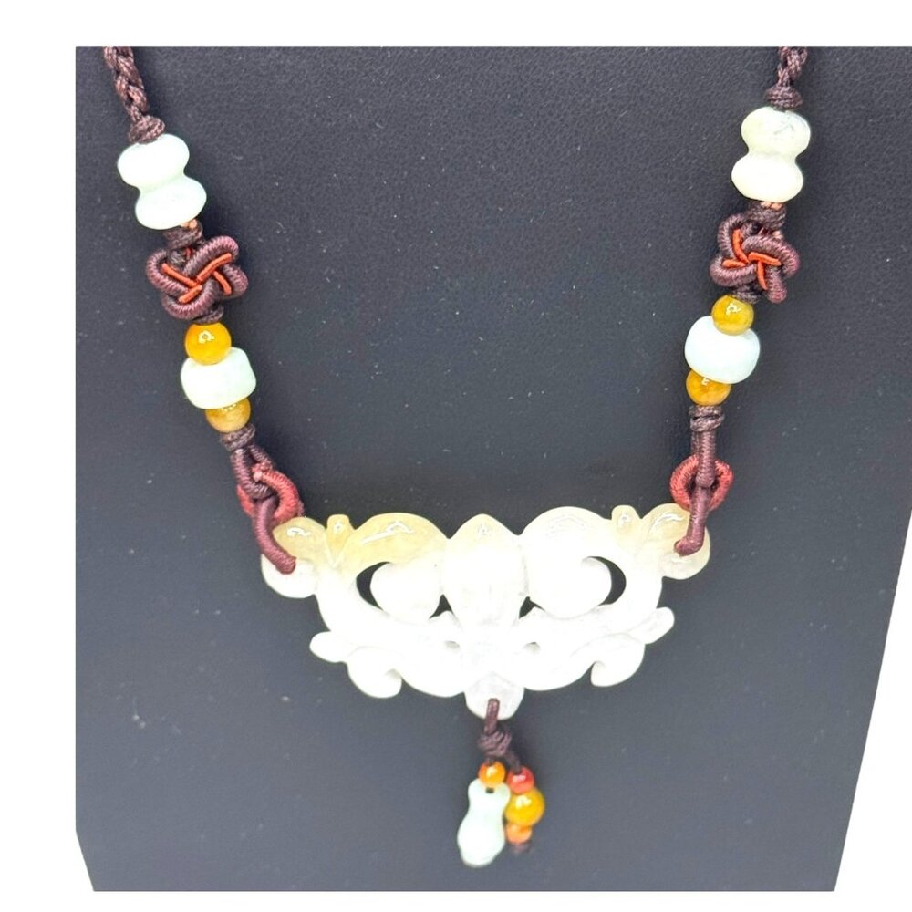 Artisan Jade Lotus Pendant Necklace Handcrafted Braided Knotted Silk Cord 22"